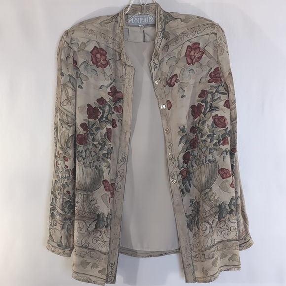 Platinum Tops - Platinum by Dorothy Schoelen Long Sleeve Floral Tan and Red Blouse Set Size  S